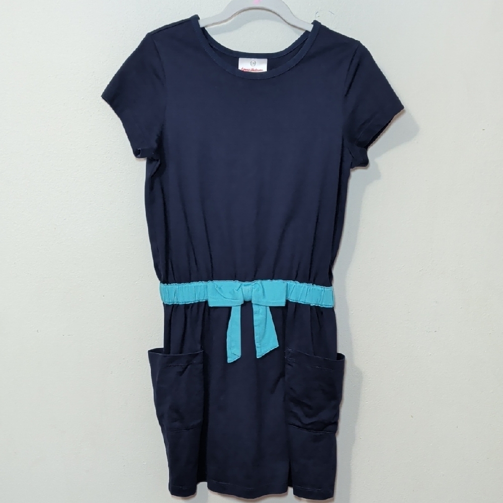 Hanna Andersson Take a Bow Navy Dress with Teal Bow Pockets Cotton Girls Size 8